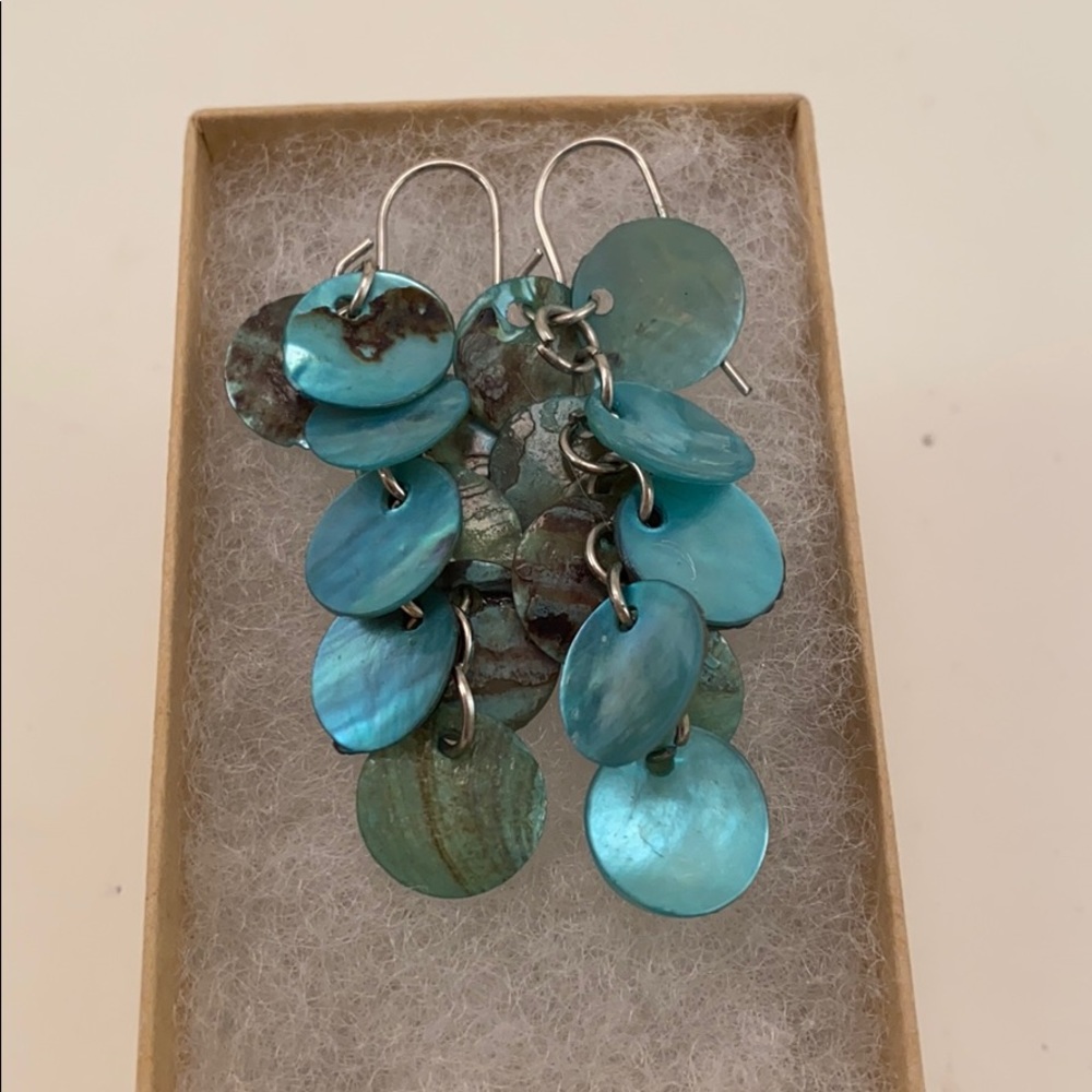 Iridescent Blue-Green Payettes Dangle Earrings.